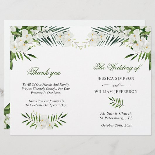 Elegante Witte Orchideeën Boho Trouwprogramma (Voorkant / Achterkant)