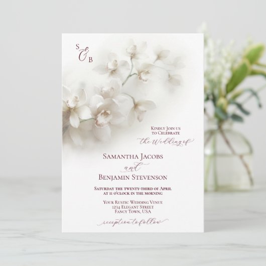 Elegante witte orchideeën Bourgondische script bru Kaart (Staand voorkant)