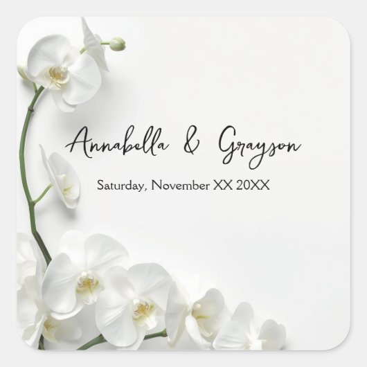 Elegante witte orchideeën bruiloft vierkante sticker (Voorkant)