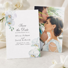 Elegante witte orchideeën foto trouwkaart save the date