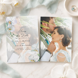 Elegante witte orchideeën foto trouwkaart save the date