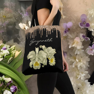 Elegante witte orchideeën gouden glitter druppels  tote bag