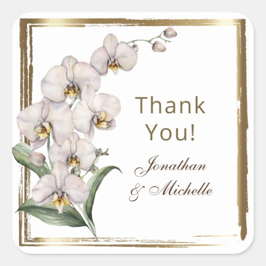 Elegante witte orchideeën gouden Lijst dank u brui Vierkante Sticker (Voorkant)