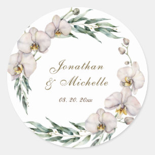 Elegante witte orchideeën groen bloemenbruiloft ronde sticker