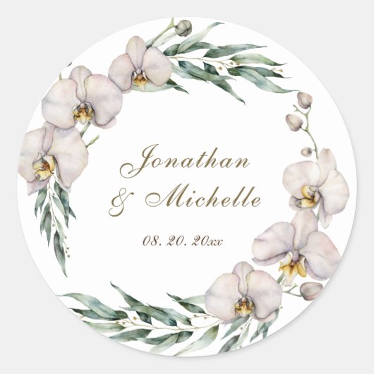 Elegante witte orchideeën groen bloemenbruiloft ronde sticker (Voorkant)