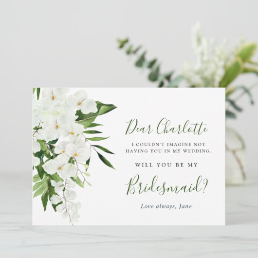 Elegante witte orchideeën, je wordt mijn bruidsmei kaart (Staand voorkant)