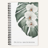 Elegante Witte Orchideeën Tropisch Aquarel Bloemmo Notitieboek (Voorkant)