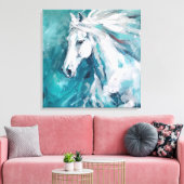 Elegante witte paardenkunst op blauwe achtergrond canvas afdruk (Insitu (Woonkamer))
