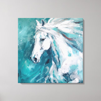 Elegante witte paardenkunst op blauwe achtergrond canvas afdruk