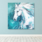 Elegante witte paardenkunst op blauwe achtergrond canvas afdruk (Insitu (Houten vloer))