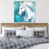 Elegante witte paardenkunst op blauwe achtergrond canvas afdruk (Insitu (Slaapkamer))