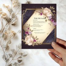 Elegante Witte Paarse Bloemen Huwelijksdetailkaart