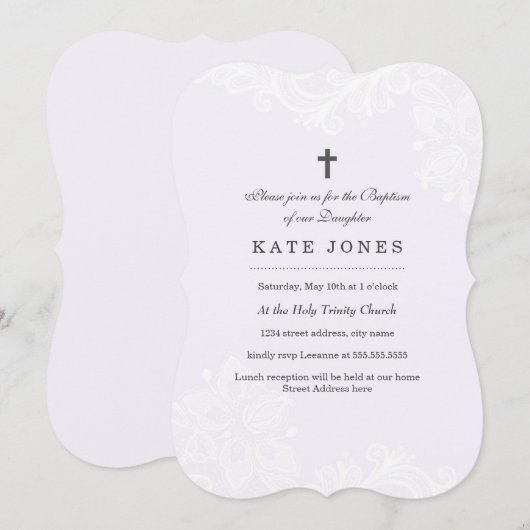 Elegante witte Paarse kant doop uitnodiging (Voorkant / Achterkant)
