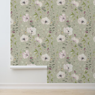 Elegante Witte Papavers Bloempatroon Mist Groen Behang