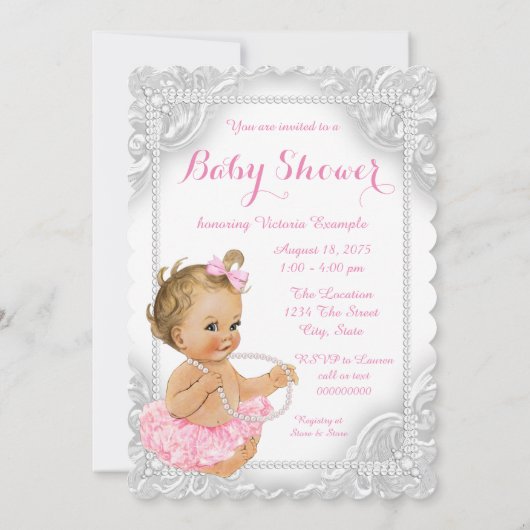 Elegante Witte Parel Baby Meisje Douche Kaart (Achterkant)