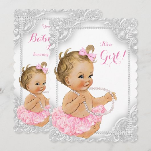 Elegante Witte Parel Baby Meisje Douche Kaart (Voorkant / Achterkant)