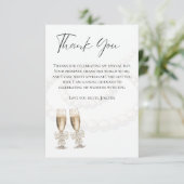 Elegante Witte Parels & Prosecco Bruidsdouche Bedankkaart (Staand voorkant)