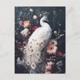 Elegante Witte Pauw in Bloemrijke Nachttuin Briefkaart