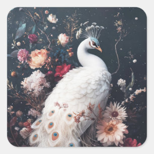 Elegante Witte Pauw met Turkooisen Oogvlekveren Vierkante Sticker