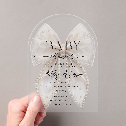 Elegante witte Pearl Bow Baby shower Acryl Uitnodigingen (Insitu (Draagbaar))