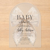 Elegante witte Pearl Bow Baby shower Acryl Uitnodigingen (Voorkant)