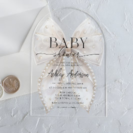 Elegante witte Pearl Bow Baby shower Acryl Uitnodigingen