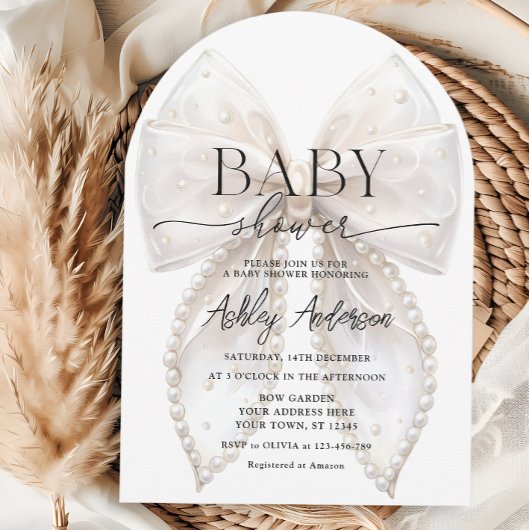 Elegante witte Pearl Bow Baby shower Kaart