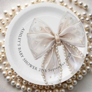 Elegante witte Pearl Bow Baby shower Papieren Bordje