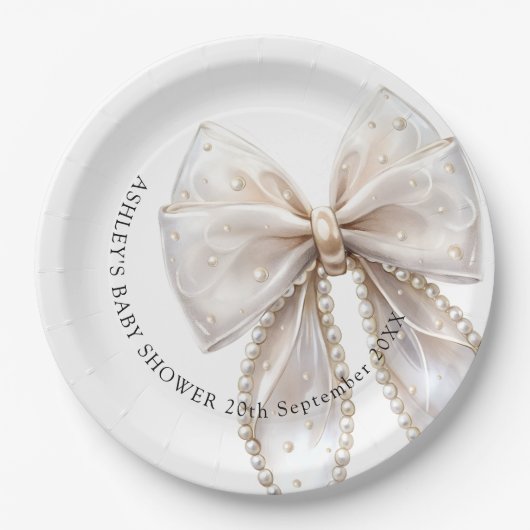 Elegante witte Pearl Bow Baby shower Papieren Bordje (Voorkant)