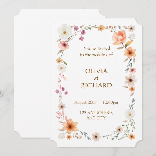 Elegante Witte & Perzik Bloemen Huwelijksuitnodigi Kaart (Voorkant / Achterkant)