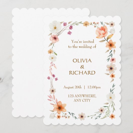 Elegante Witte & Perzik Bloemen Huwelijksuitnodigi Kaart (Voorkant / Achterkant)