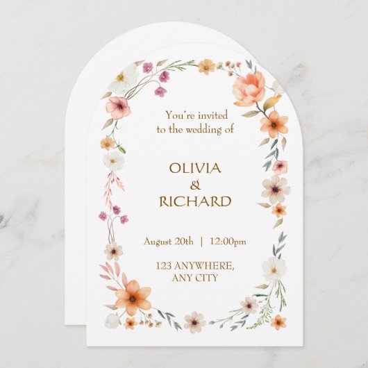 Elegante Witte & Perzik Bloemen Huwelijksuitnodigi Kaart (Voorkant / Achterkant)