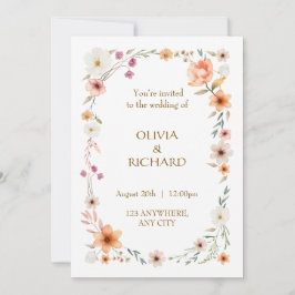 Elegante Witte & Perzik Bloemen Huwelijksuitnodigi Kaart