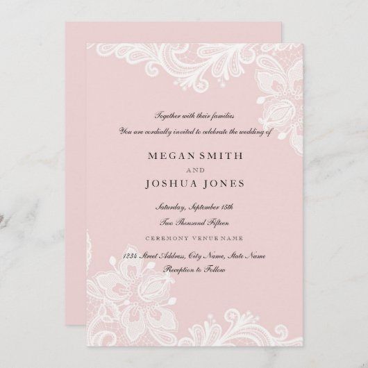 Elegante witte perzik roze kant bruiloft uitnodigi kaart (Voorkant / Achterkant)