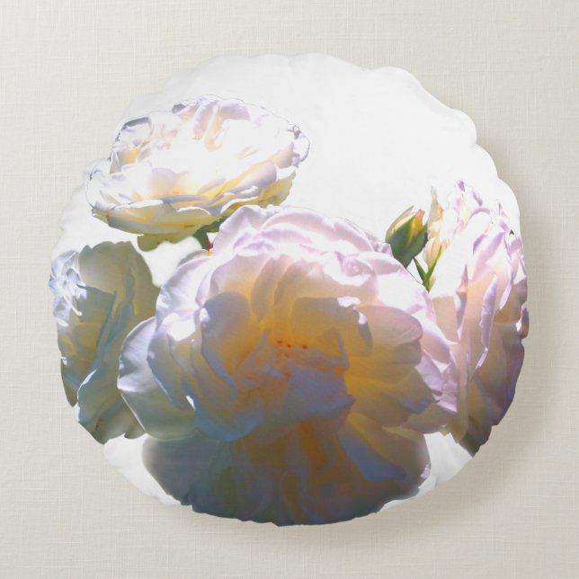Elegante witte perzik sinaasappel blush rozen rond kussen (Voorkant)