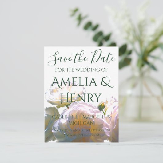 Elegante witte perzik sinaasappel blush rozen save the date (Staand voorkant)