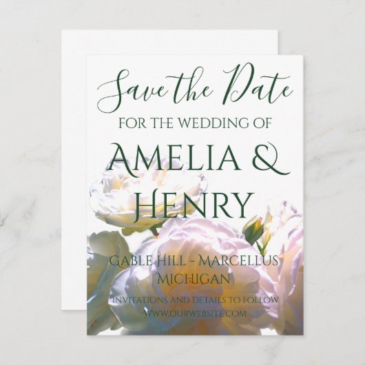 Elegante witte perzik sinaasappel blush rozen save the date (Voorkant / Achterkant)