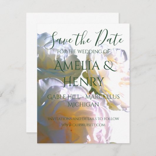 Elegante witte perzik sinaasappel blush rozen save the date (Voorkant / Achterkant)