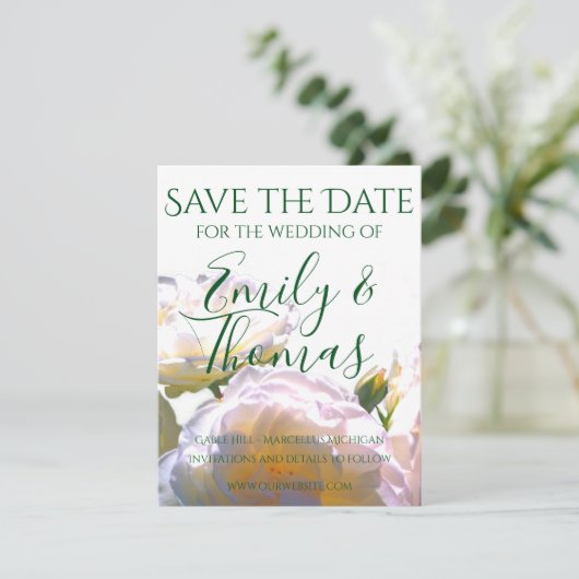 Elegante witte perzik sinaasappel blush rozen save the date (Staand voorkant)