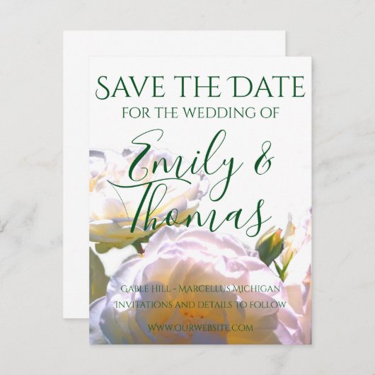 Elegante witte perzik sinaasappel blush rozen save the date (Voorkant / Achterkant)