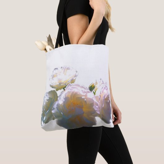 Elegante witte perzik sinaasappel blush rozen tote bag (Dichtbij)