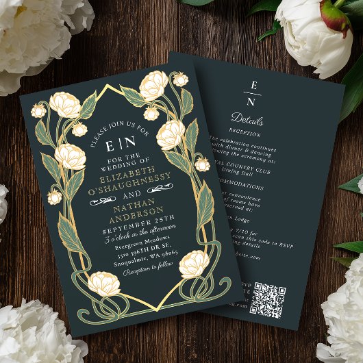 Elegante Witte Pioen Art Nouveau QR Code Bruiloft Kaart