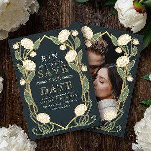 Elegante Witte Pioen Art Nouveau Trouwfoto Save The Date