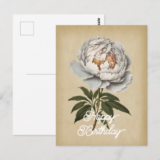 Elegante  Witte Pioen Bloem Gelukkige Verjaardag Briefkaart (Voorkant / Achterkant)