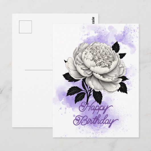 Elegante Witte Pioen Paarse Splash Verjaardag Briefkaart (Voorkant / Achterkant)