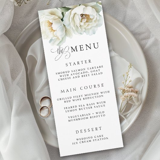 Elegante witte pioenroos bloemige trouwmenu menu
