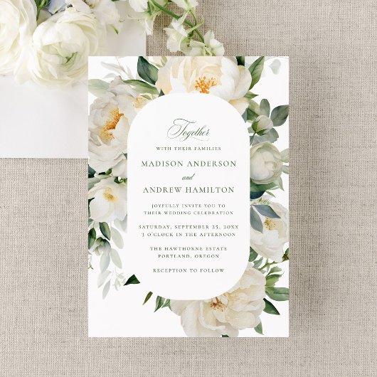 Elegante witte pioenrozen bruiloft kaart