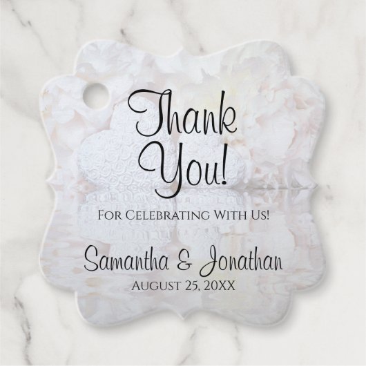 Elegante witte pioenrozen & harten bruiloft dank u bedankjes labels (Voorkant)