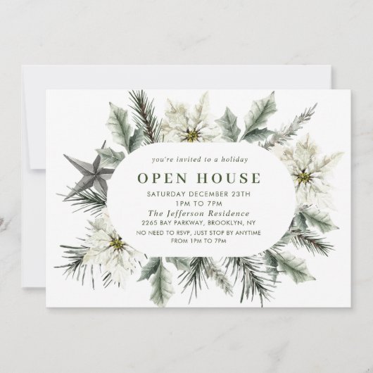 Elegante Witte Poinsettia Boho Kerst Open Huis Kaart (Voorkant)