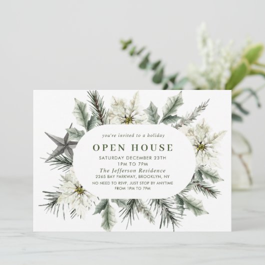 Elegante Witte Poinsettia Boho Kerst Open Huis Kaart (Staand voorkant)